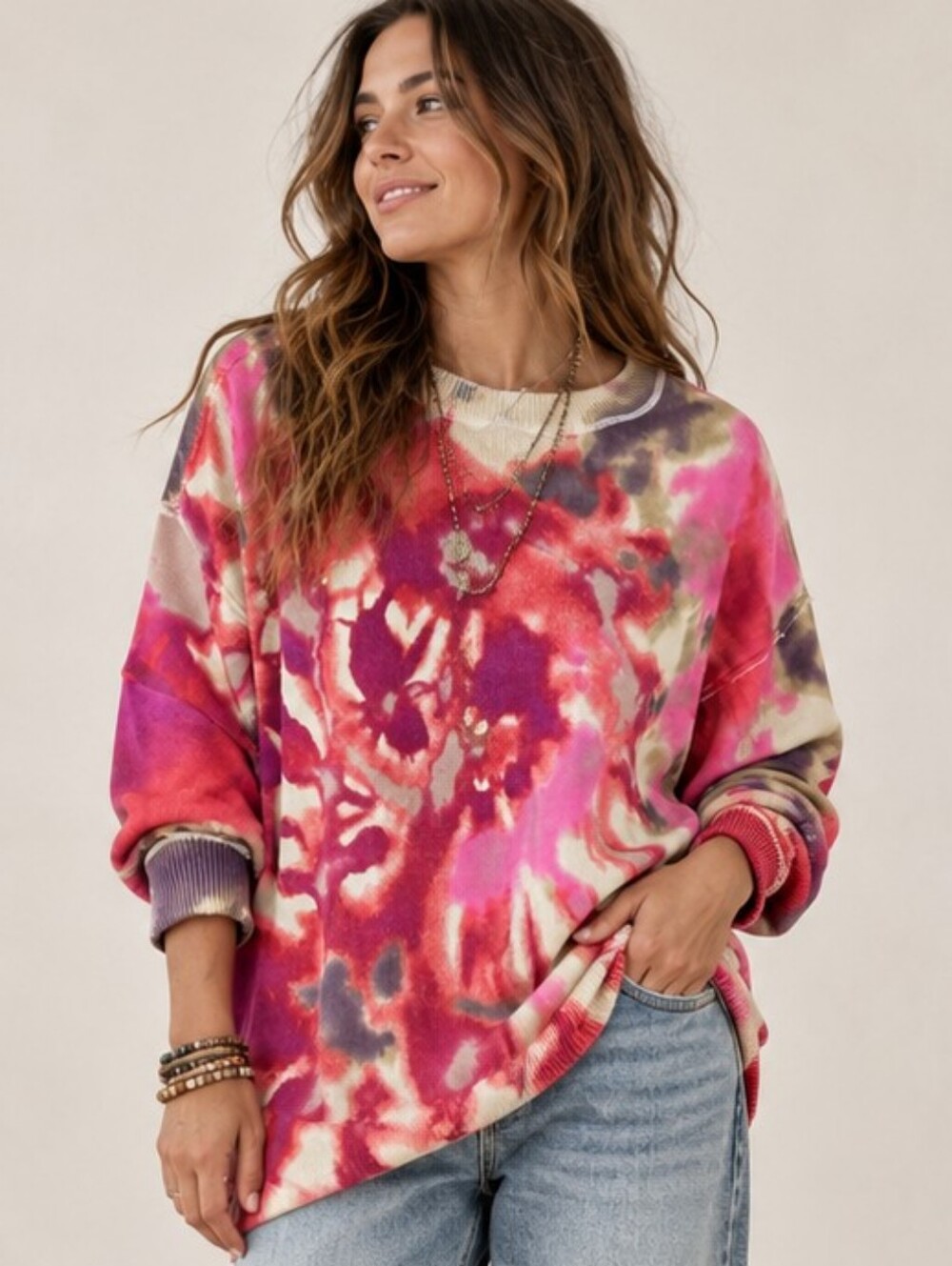Natural Life Tie Dye Top L / XL Oversize Slouchy Sweatshirt Red Fuschia Cream